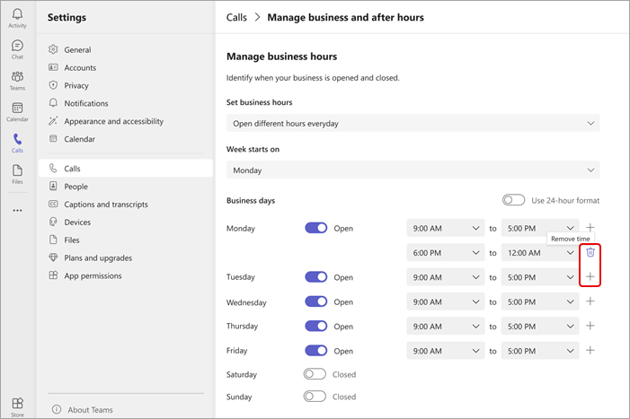 Screenshot showing how to edit business hours for days of the week
