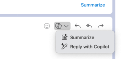 The Copilot icon selected drops down a menu that shows Summarize and Reply with Copilot.