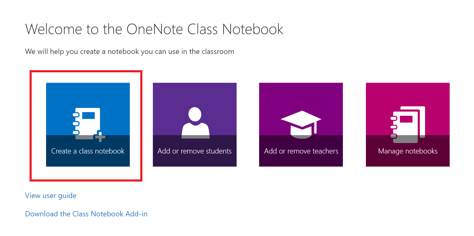 Screenshot of the Class Notebook app welcome page.