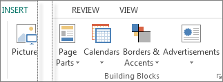 Screenshot of the Building Blocks group on the Insert tab in Publsiher.