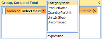 Field list in Group, Sort and Total pane