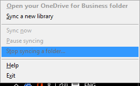 Screenshot of Stop syncing a folder command when right-clicking the OneDrive for Business sync client