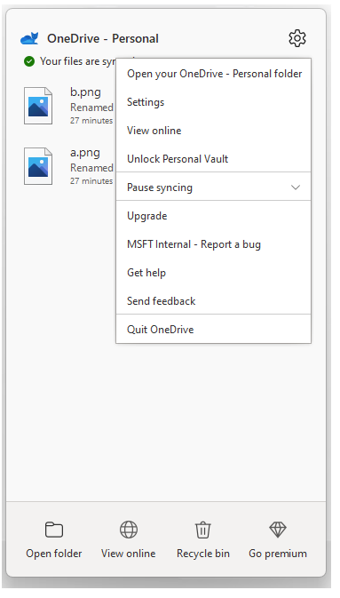 Image of drop-down to sync OneDrive