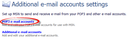 Additional email accounts settings, POP3 email accounts option