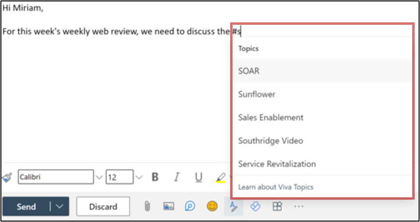 Topics selection screen in Outlook