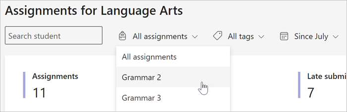 screenshot of the available filters in the Assignments and Grades view of Insights. you can search by student, by assignment by category, or by date.
