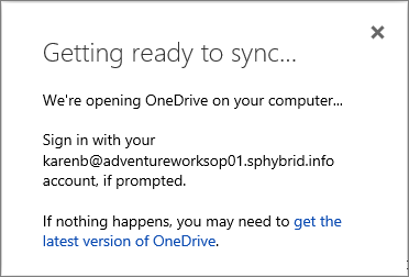 Screenshot of the Getting ready to sync dialog box when setting up OneDrive for Business to sync