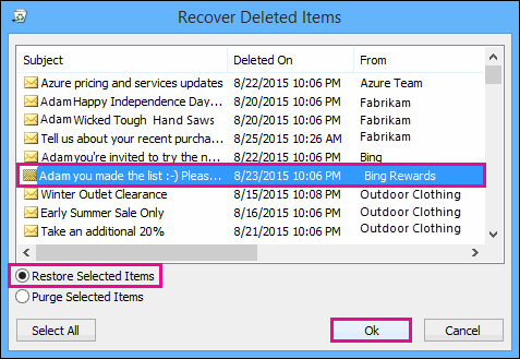Select an item to restore and click OK