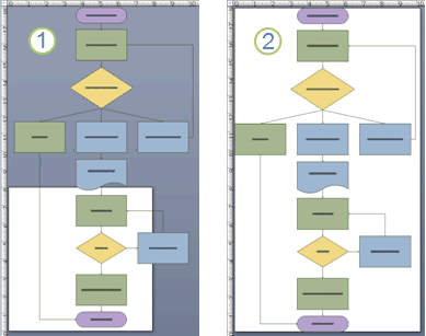 A flowchart that is too large for the Visio drawing page beside a flowchart that fits the Visio drawing page