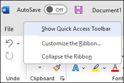 Image of option to show the Quick Access Toolbar