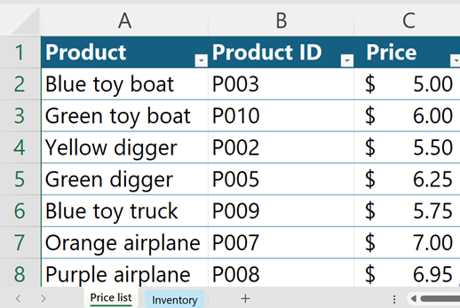 A sample price list of toys in Microsoft Excel.