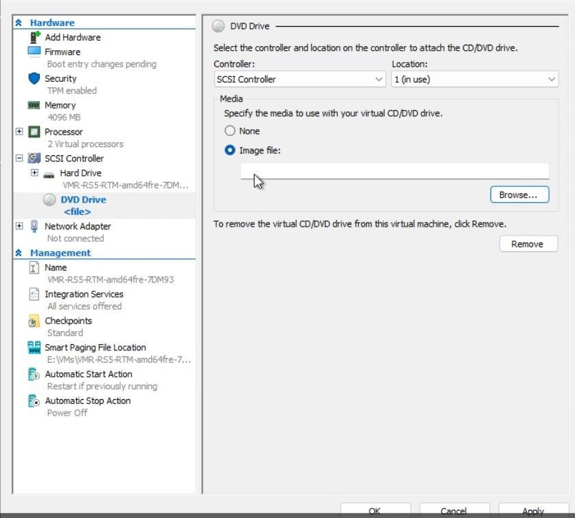A screenshot of a Hyper-V virtual machine (VM) settings, with the DVD Drive section highlighted, showing the option to select an Image file.