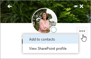 A screenshot of the cursor hovering over Add to contacts in the More actions menu.