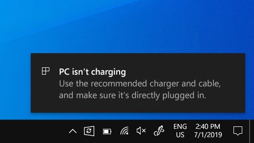 PC isn't charging alert on the Surface.