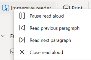 Outlook for Web drop down menu of navigating read aloud