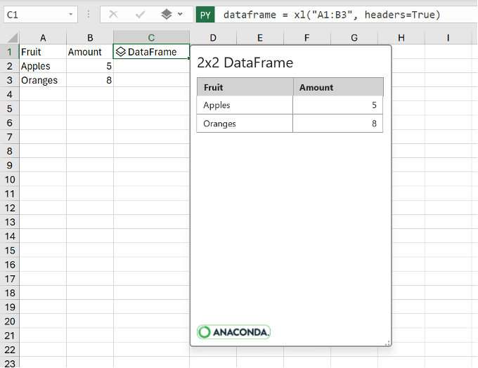 A Python in Excel DataFrame preview, showing Python code and Excel values.