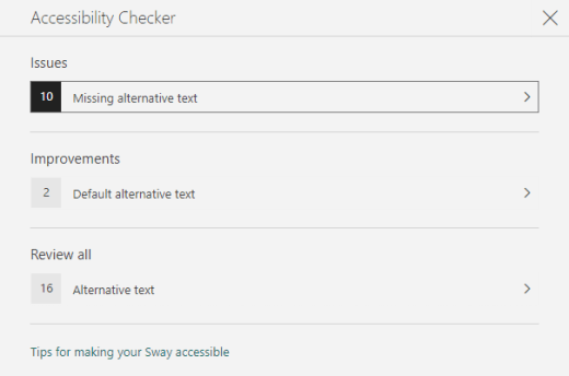 The Accessibility Checker pane showing issues with alt text in Sway.