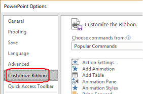 Select File, then Options, and then select Customize Ribbon.