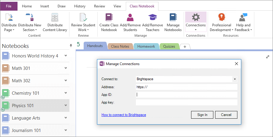 Screenshot of Connections dialog of the OneNote Class Notebook add-in with Group Policy not configured.