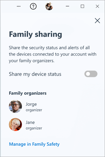 The Family sharing panel in Microsoft Defender on Windows.