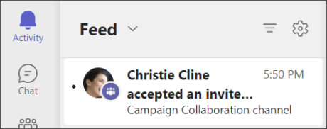 Teams - shared channel team invitation accepted activity feed