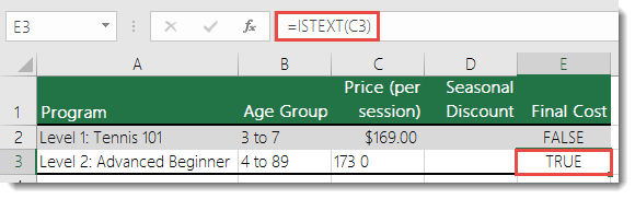 Use ISTEXT() to identify potential errors caused by non-numeric values - Formula in E3 is =ISTEXT(C3)