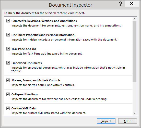 The options in the Document Inspector dialog box are shown