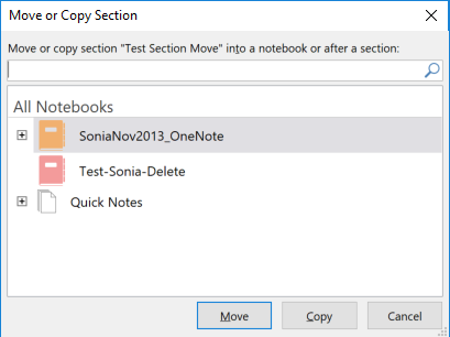 OneNote for Windows 2016 Move or Copy Section dialog