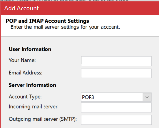 Enter your POP or IMAP server information