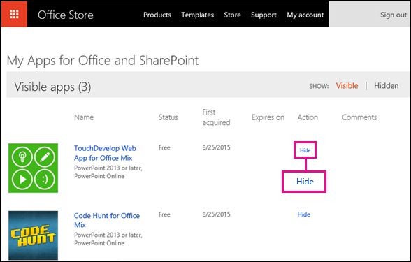 Hide link highlighted on Office Store add-ins page