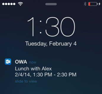 iPhone lock screen showing OWA for iPhone meeting alert