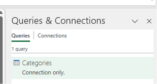 See the Categories table connection in the Queries & Connections task pane.