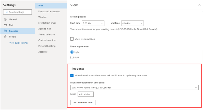 View Outlook Web Time Zone Settings