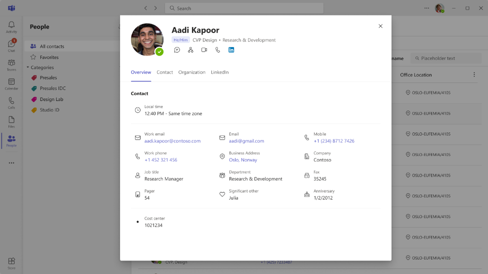 Screenshot of the contact card in Teams People App