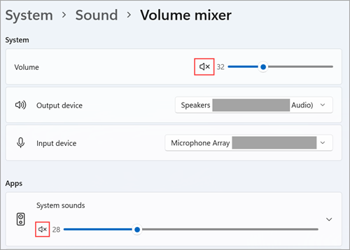 View volume and default audio devices in Windows 11 Volume mixer.