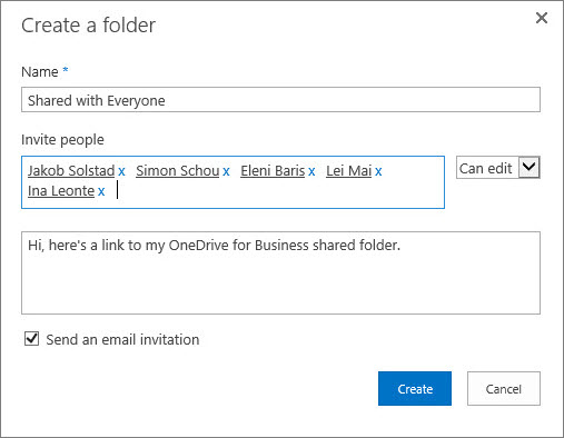 The dialog box for listing the email addresses of the people you want to share your OneDrive for Business folder with.