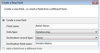 Creating a new relationship field in the Create a New Field dialog box.