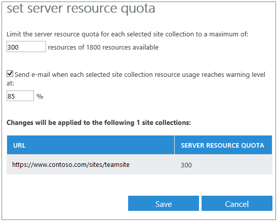 Set server resource quota dialog