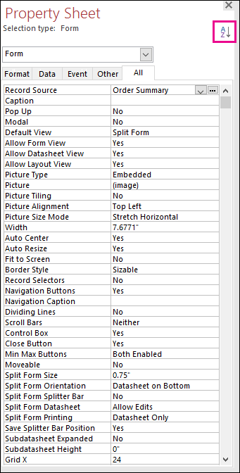 Screenshot of Access property sheet without property sorting