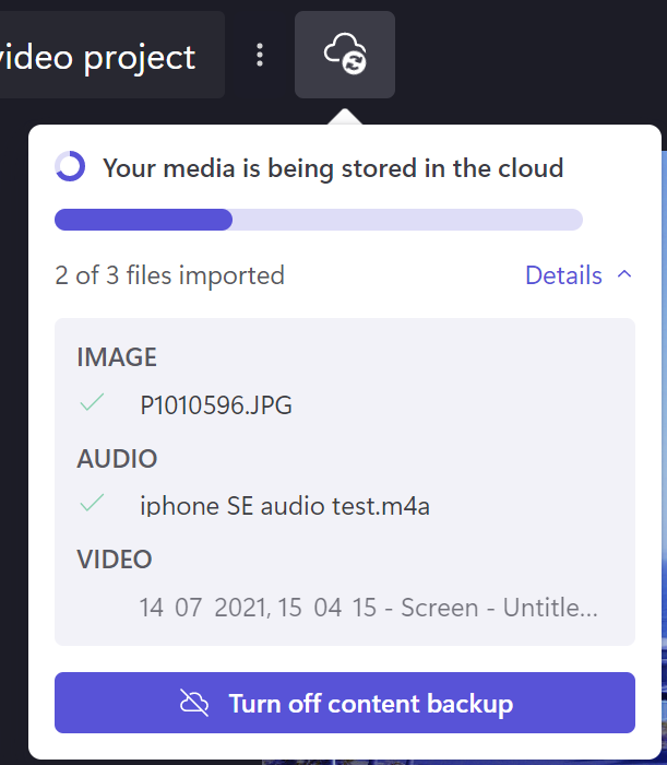 Image of Clipchamp content backup enabled