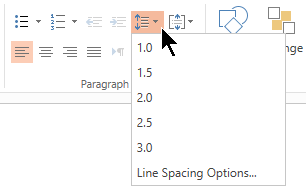 The Line Spacing menu options on the ribbon let you select single-space, double-space, or other vertical line spacing options.