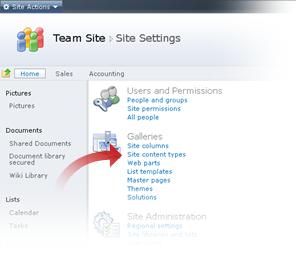 Selecting Site Content Types from the Site Settings window