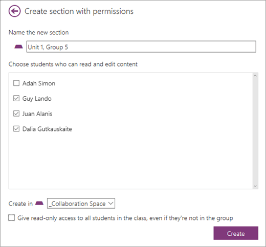 Collaboration Space permissions link within ManageCreate section with permissions dialogue with name of new section and students selected. Select Create.