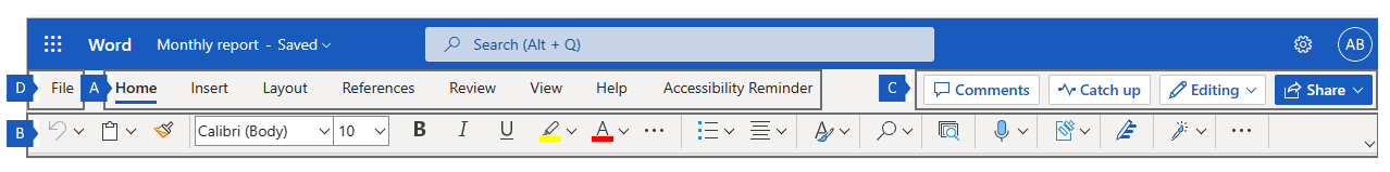 Ribbon in Word for the web, highlighting the four different areas: Ribbon tabs in Area A, lower ribbon in Area B, upper-right corner in Area C, and the File menu in area D.