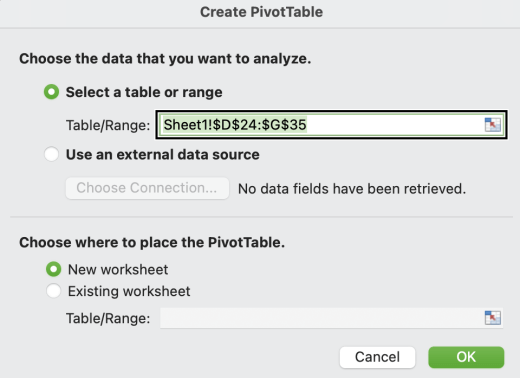 The Create a PivotTable dialog box in Mac.
