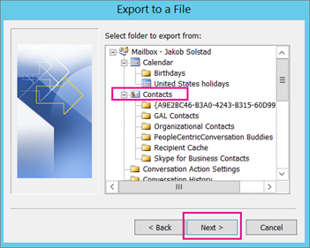 Choose the contacts folder you want to export.