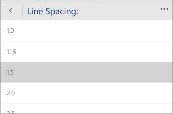 Screenshot of the Word Mobile menu for selecting the line spacing value.