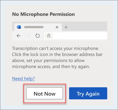 No Microphone error message with Not Now circled in red.
