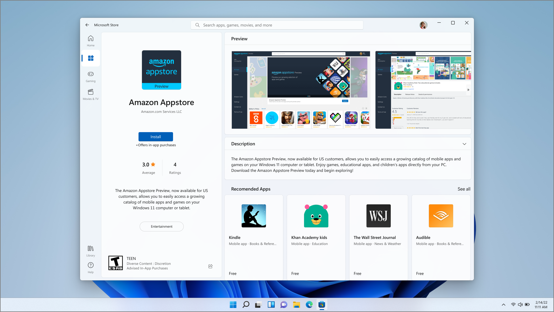 A screenshot of the Amazon Appstore download page in the Microsoft Store app.