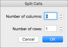 Screenshot shows the Split Cells dialog with the options to set the number of columns and number of rows.